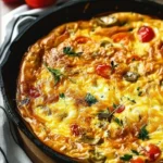 A delicious frittata with vegetables and cheese, served on a plate.