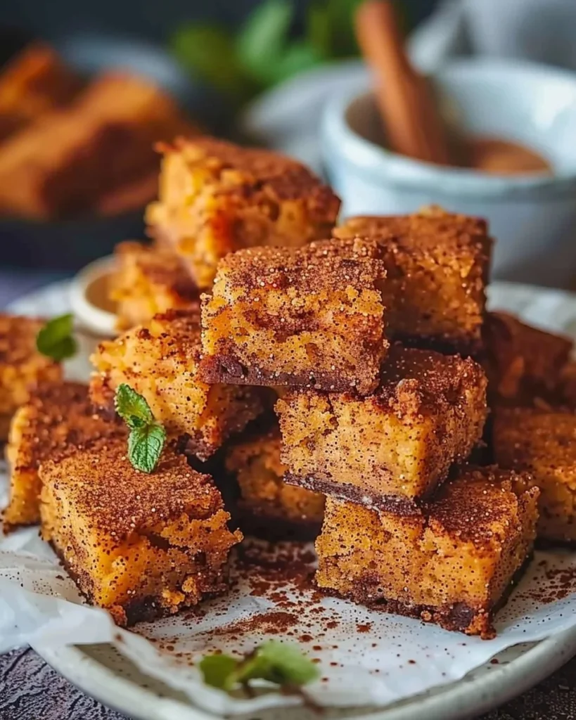 Freshly baked easy cinnamon sugar blondies on a plate