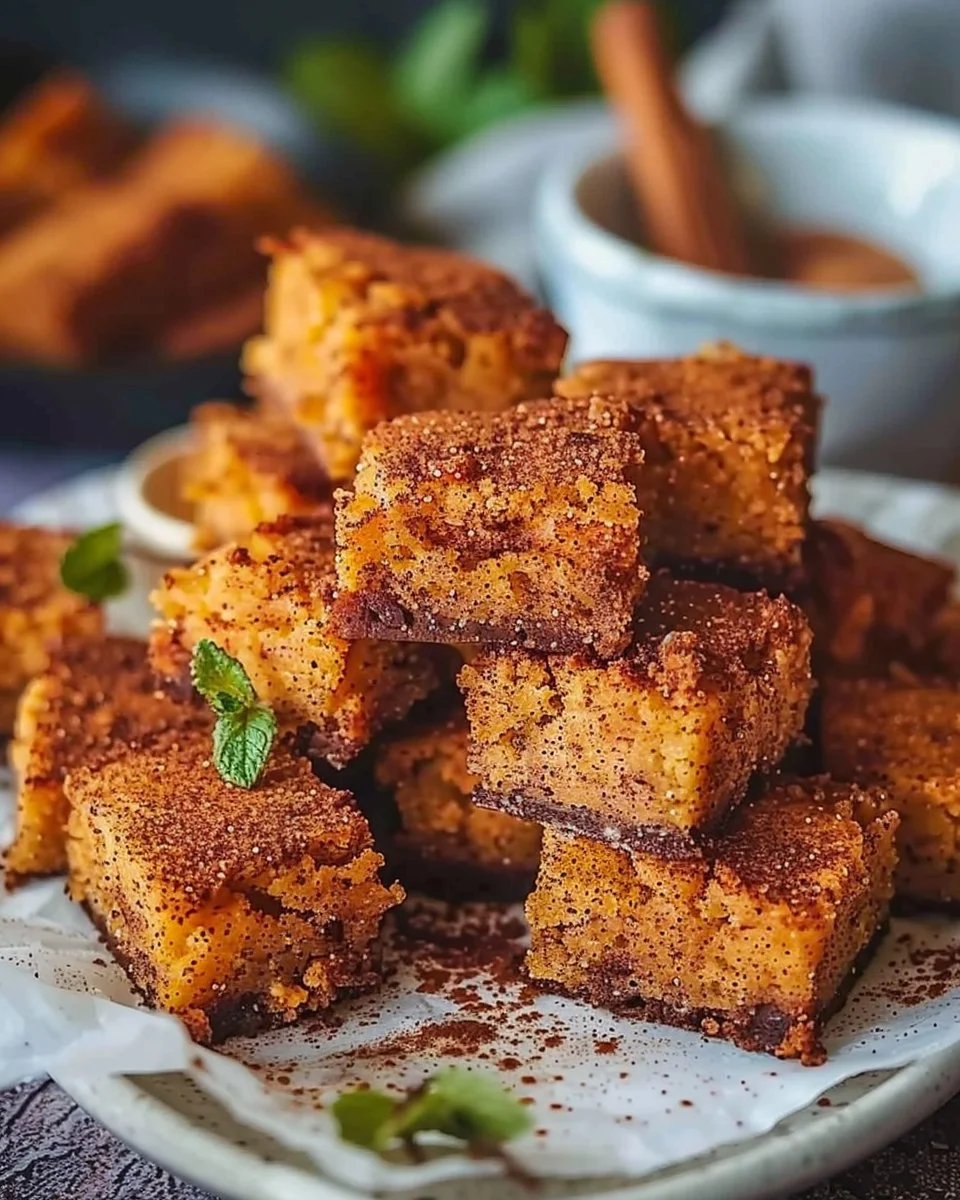 Easy Cinnamon Sugar Blondies 1 Freshly baked easy cinnamon sugar blondies on a plate