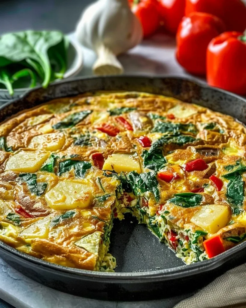 Easy frittata recipe with potatoes, red peppers, and spinach