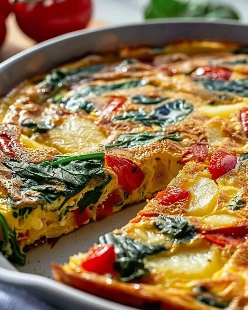 Easy frittata with potatoes, red peppers, and spinach served on a plate.