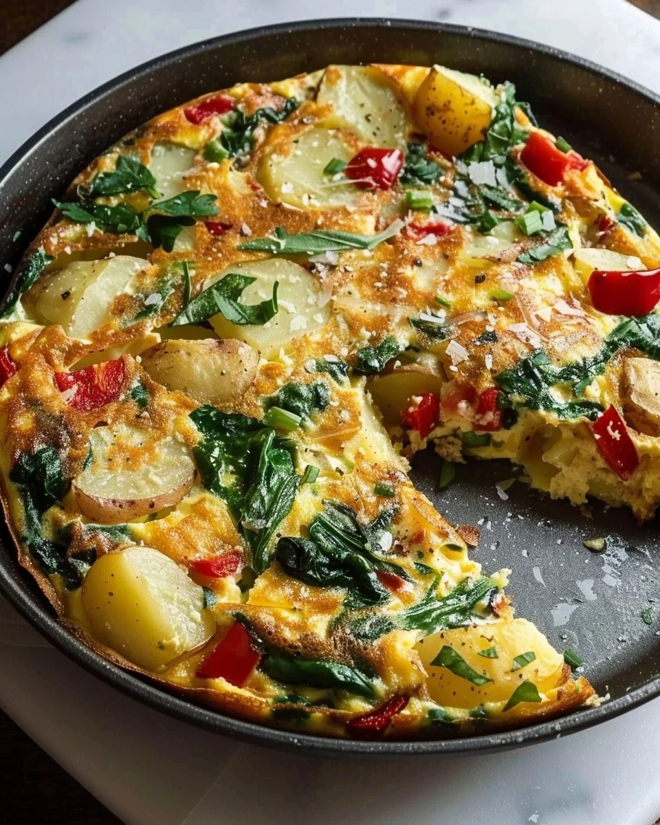 Easy Frittata with Potatoes, Red Peppers, and Spinach