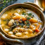 Bowl of easy Tuscan White Bean Soup garnished with herbs