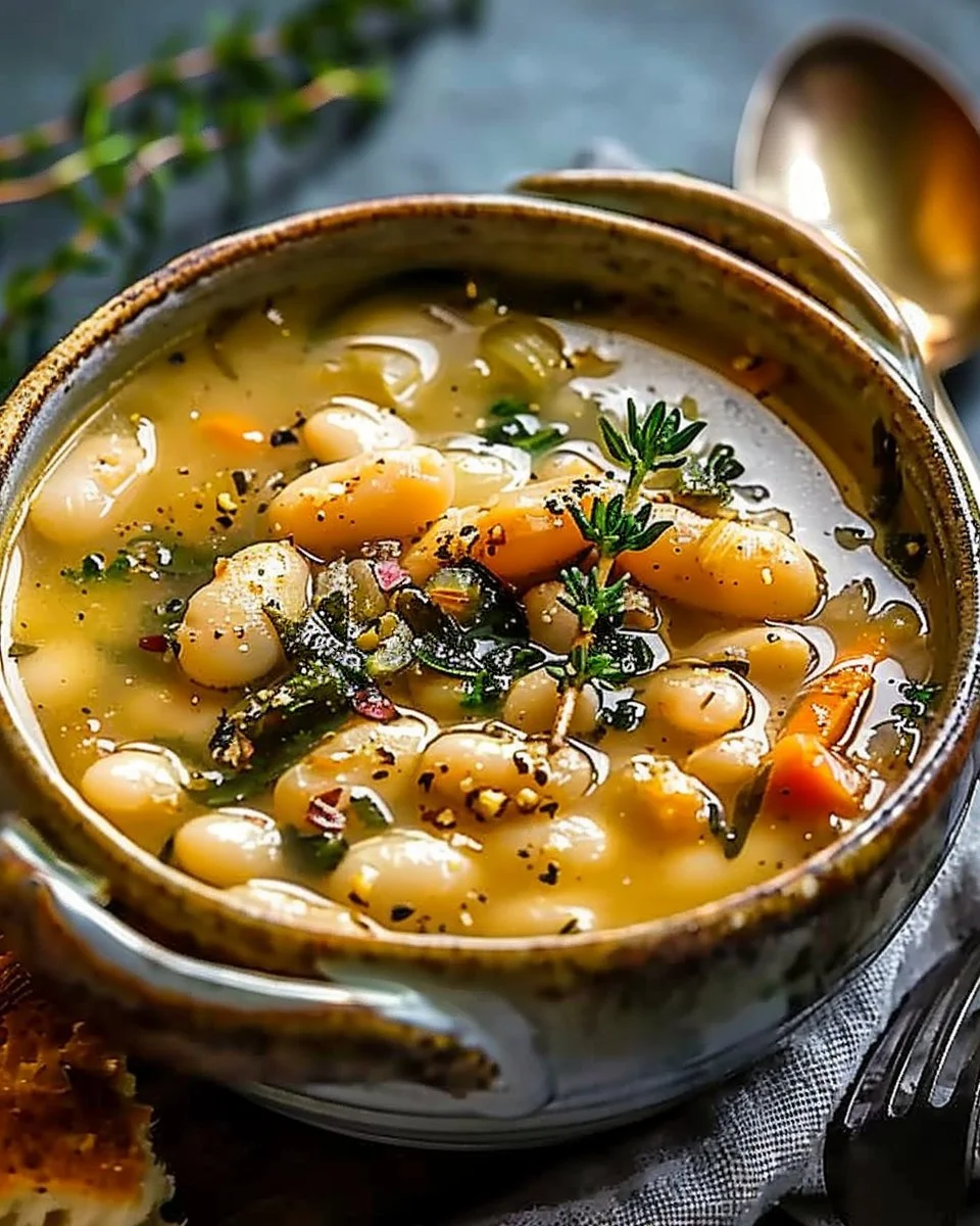Bowl of easy Tuscan White Bean Soup garnished with herbs