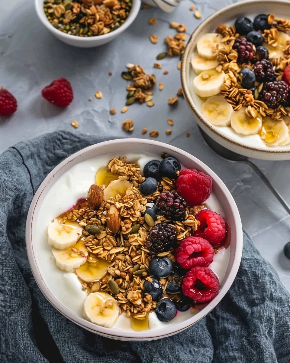 Colorful yogurt granola bowls topped with fruits and nuts