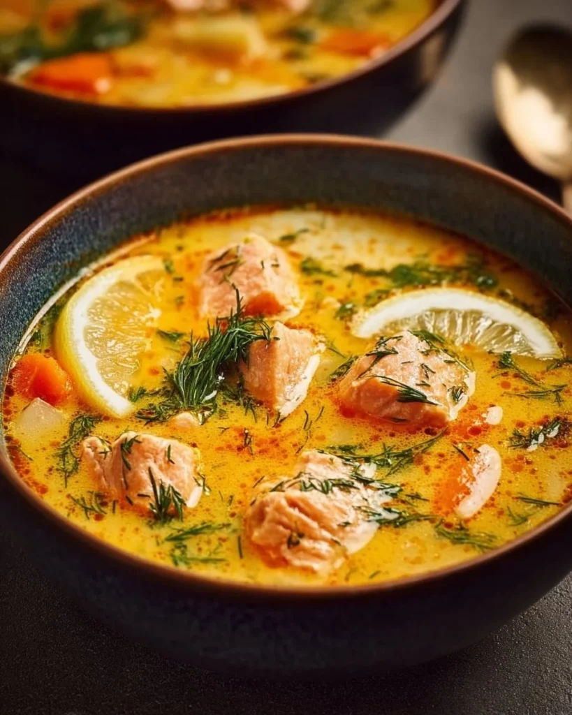 Bowl of Finnish salmon soup garnished with fresh herbs and vegetables