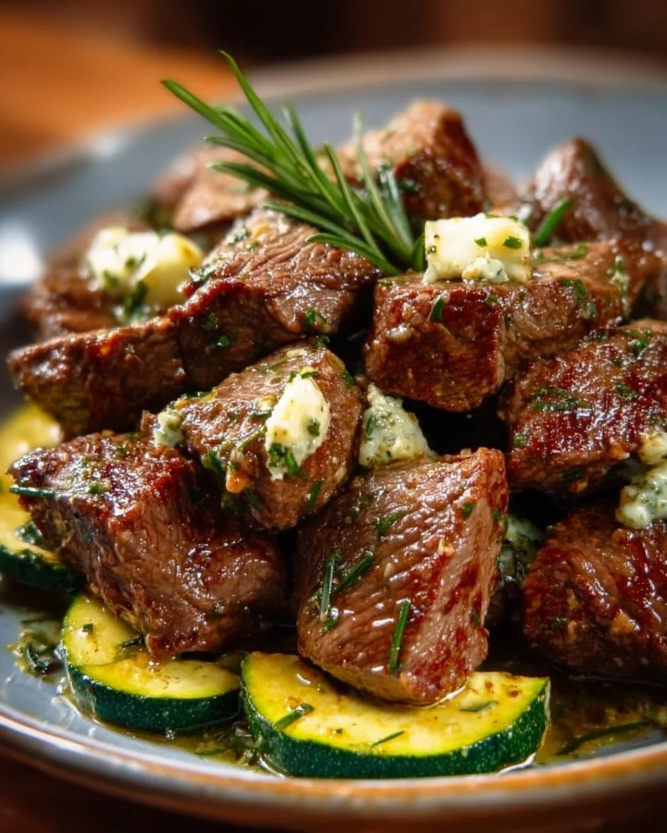 Delicious garlic butter steak bites sizzling in a skillet