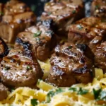Delicious Garlic Butter Steak Bites with creamy parmesan pasta dish