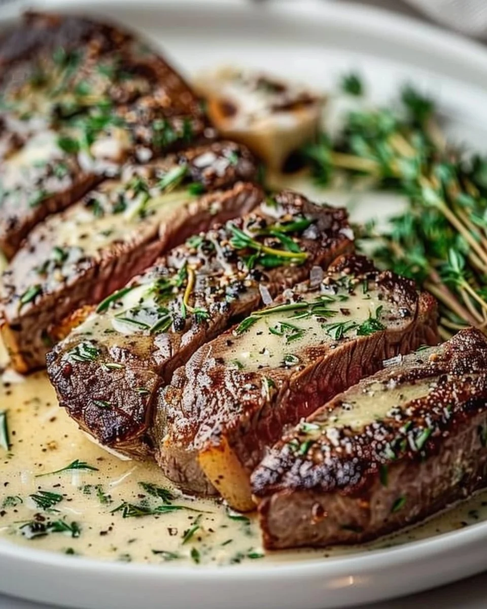 Juicy garlic butter steak drizzled with creamy parmesan sauce