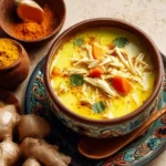 Bowl of flavorful Ginger Turmeric Coconut Soup garnished with herbs