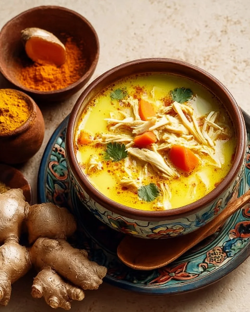 Ginger Turmeric Coconut Soup 1 Bowl of flavorful Ginger Turmeric Coconut Soup garnished with herbs