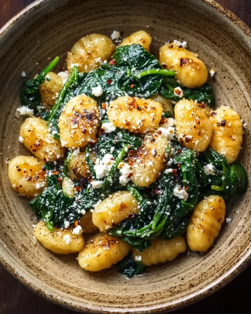 Gnocchi dish with spinach and feta served on a plate