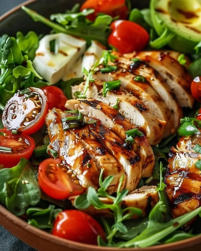 Grilled chicken salad with fresh vegetables and balsamic dressing
