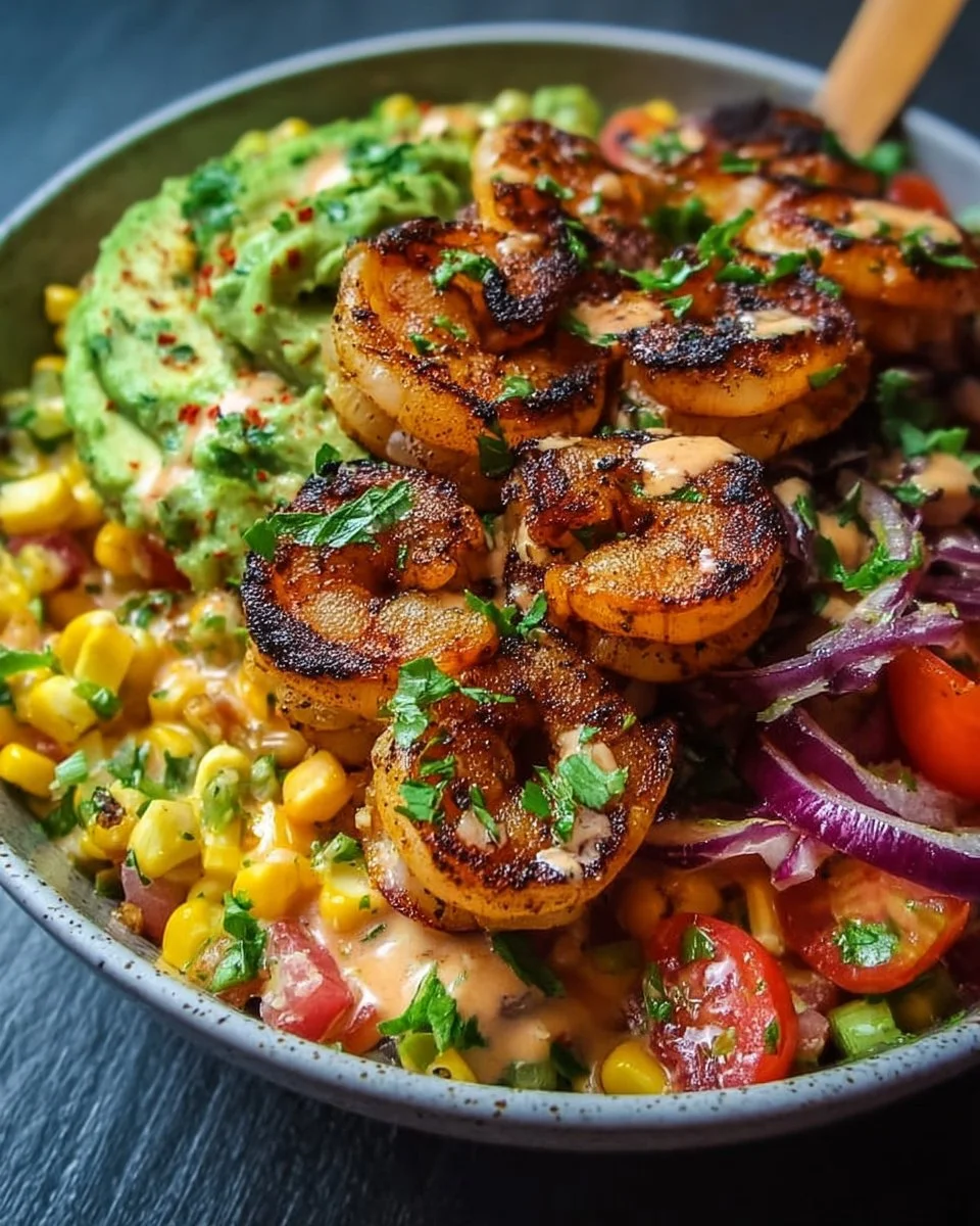 Grilled shrimp bowl with avocado and corn salsa served in a vibrant dish