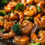 Plate of high-protein honey garlic shrimp garnished with green onions