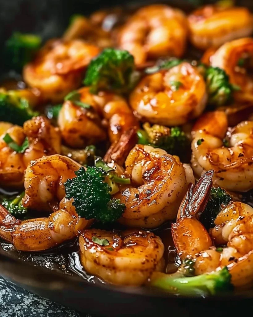 Plate of high-protein honey garlic shrimp garnished with green onions