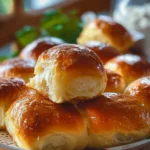 Freshly baked homemade dinner rolls on a wooden table
