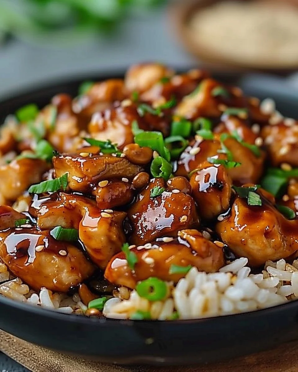 Delicious Honey BBQ Chicken served over rice, showcasing sweet and savory flavors.