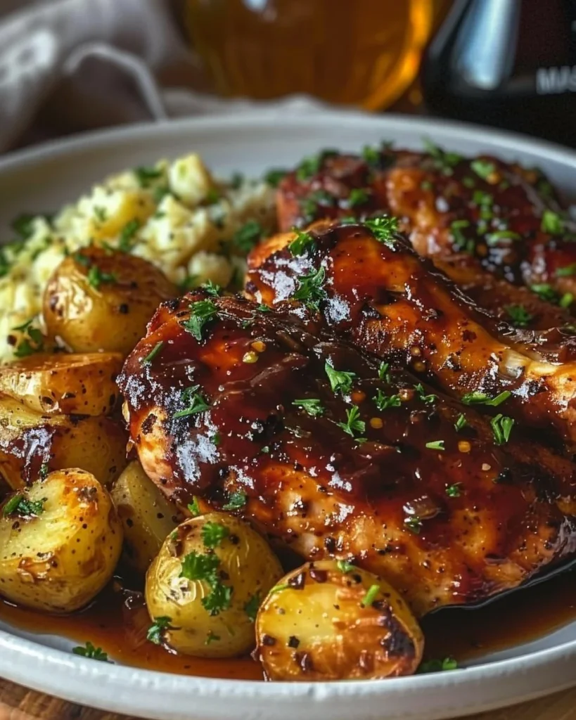 Honey BBQ Chicken served with Garlic Parmesan Potatoes on a plate