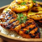 Honey pineapple grilled chicken on the grill with fresh pineapple slices.