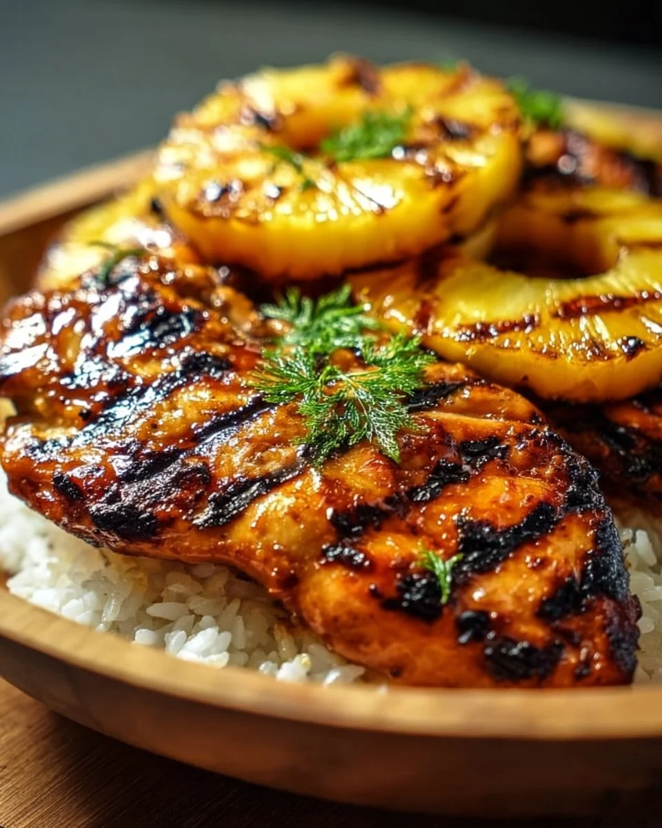 Honey pineapple grilled chicken on the grill with fresh pineapple slices.