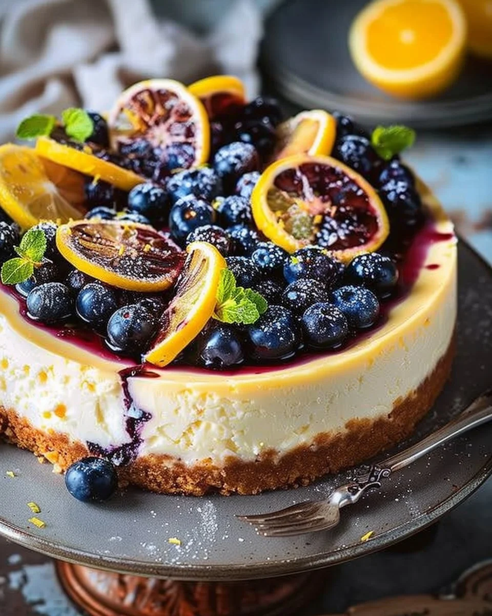 Lemon Blueberry Ricotta Cheesecake with extra lemon zest and vanilla wafer crust.