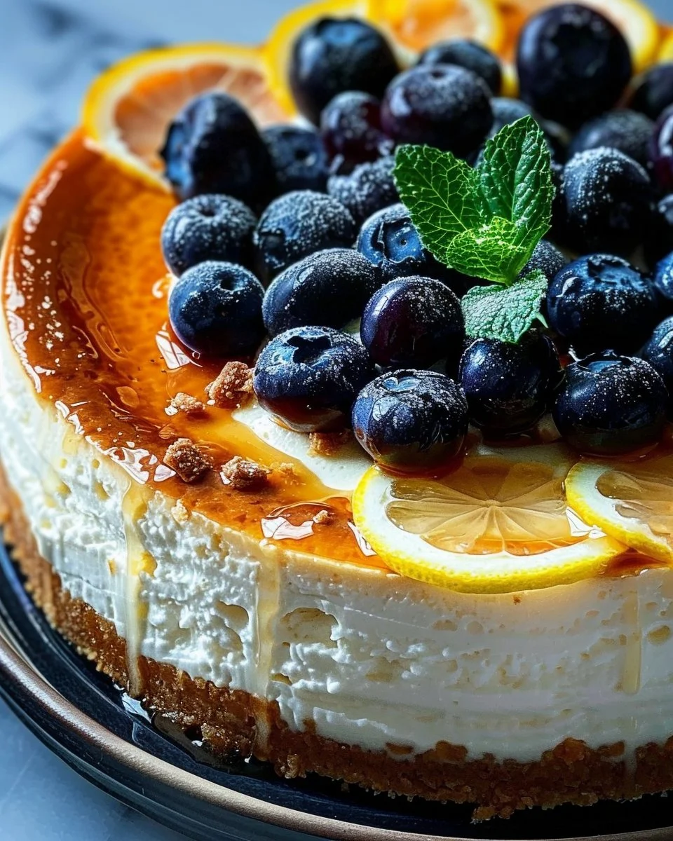 Lemon Blueberry Ricotta Cheesecake with Extra Lemon Zest & Vanilla Wafer Crust