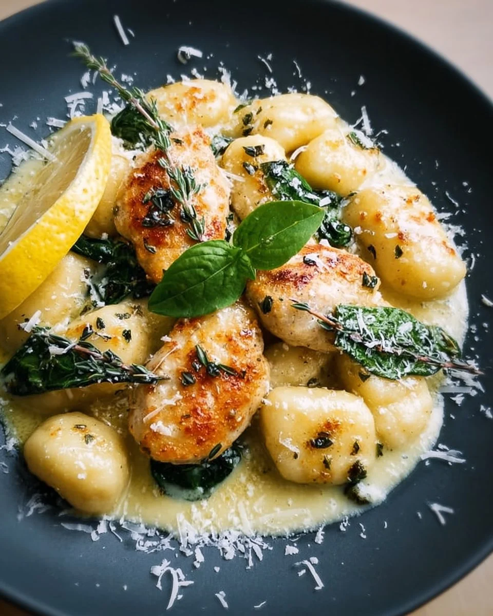 Plate of Lemon Parmesan Gnocchi garnished with lemon zest and herbs