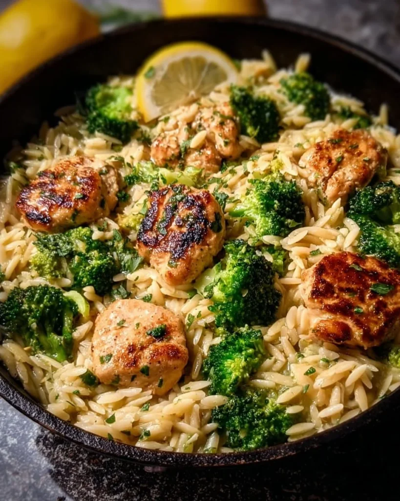 Lemon pepper chicken served with broccoli and orzo pasta in a bowl
