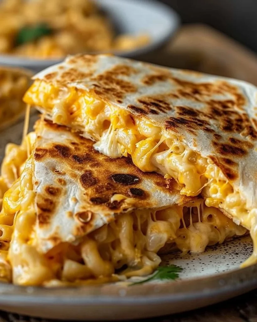 Delicious Mac and Cheese Quesadillas served on a plate with toppings.