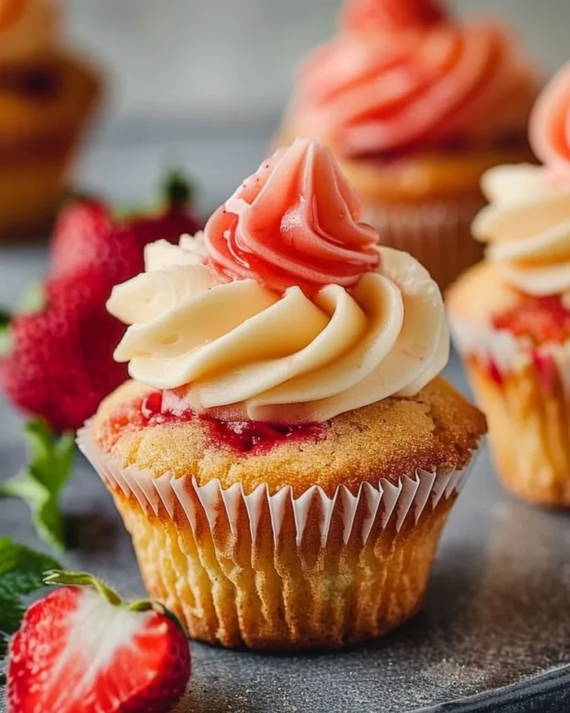 Mango Strawberry Cupcakes beautifully decorated with fresh fruit toppings