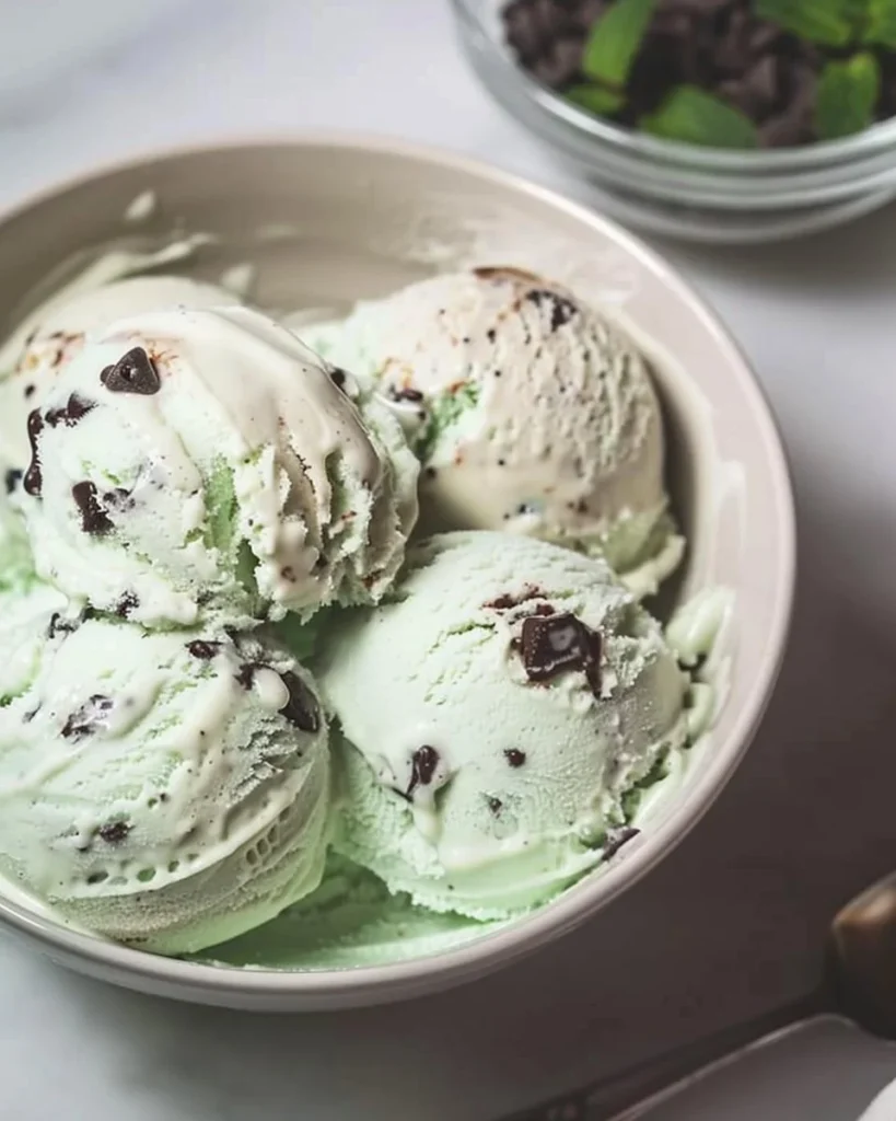 Ninja Creami Mint Chocolate Chip Protein Ice Cream in a bowl with mint leaves