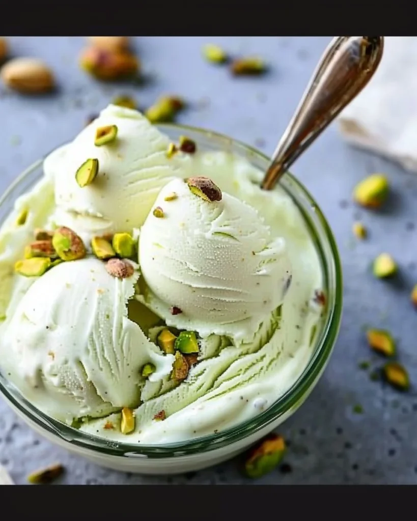 Bowl of homemade Ninja Creami pistachio ice cream garnished with pistachios