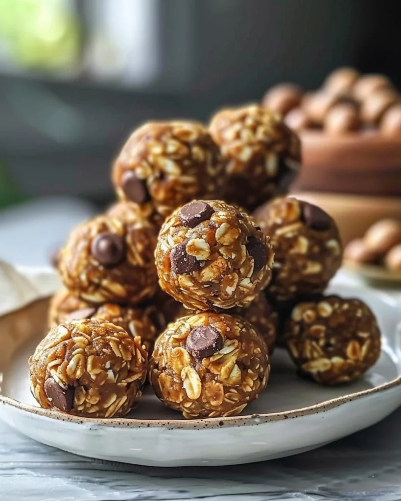 Delicious no-bake peanut butter energy bites on a plate.