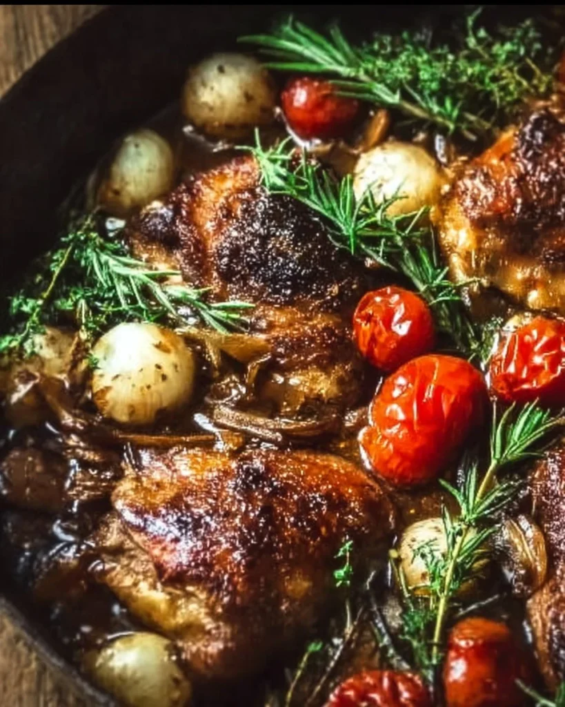 One-Pan Balsamic Chicken dish served with vegetables and herbs
