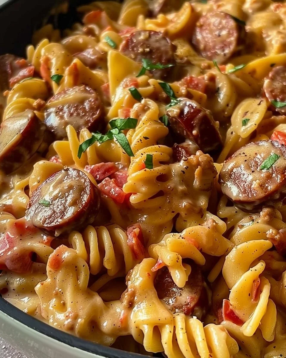 One Pot Creamy Cajun Sausage Pasta 1 Delicious one pot creamy Cajun sausage pasta in a skillet
