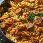 Creamy spicy Cajun sausage pasta in a one-pot dish, garnished with herbs.