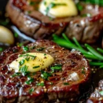 Delicious pan seared steak topped with garlic butter, served on a plate.