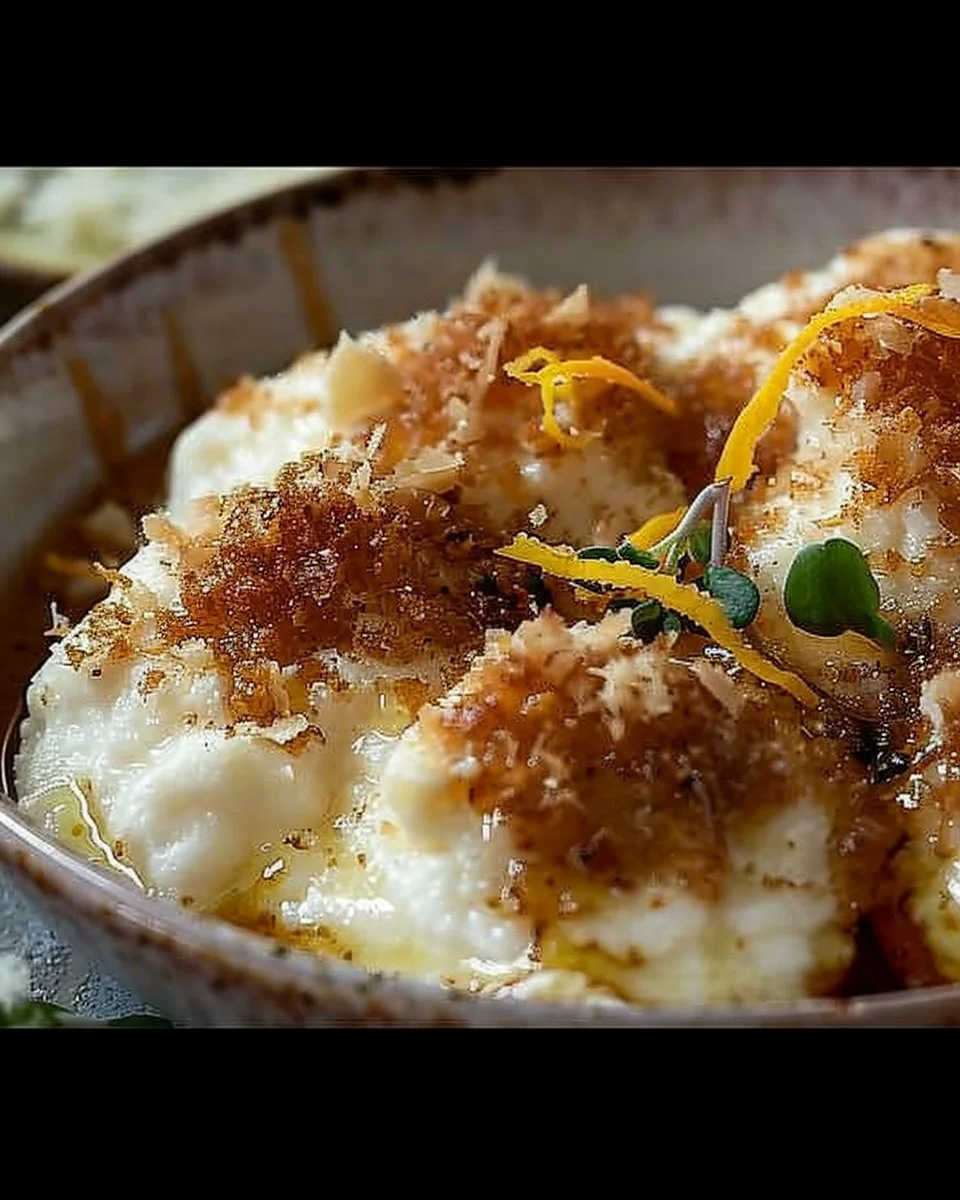 Parmesan–Asiago Cream with Orange Zest & White Balsamic Honey Drizzle