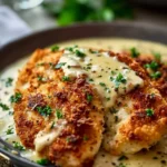 Parmesan Crusted Chicken with Creamy Garlic Sauce served on a plate