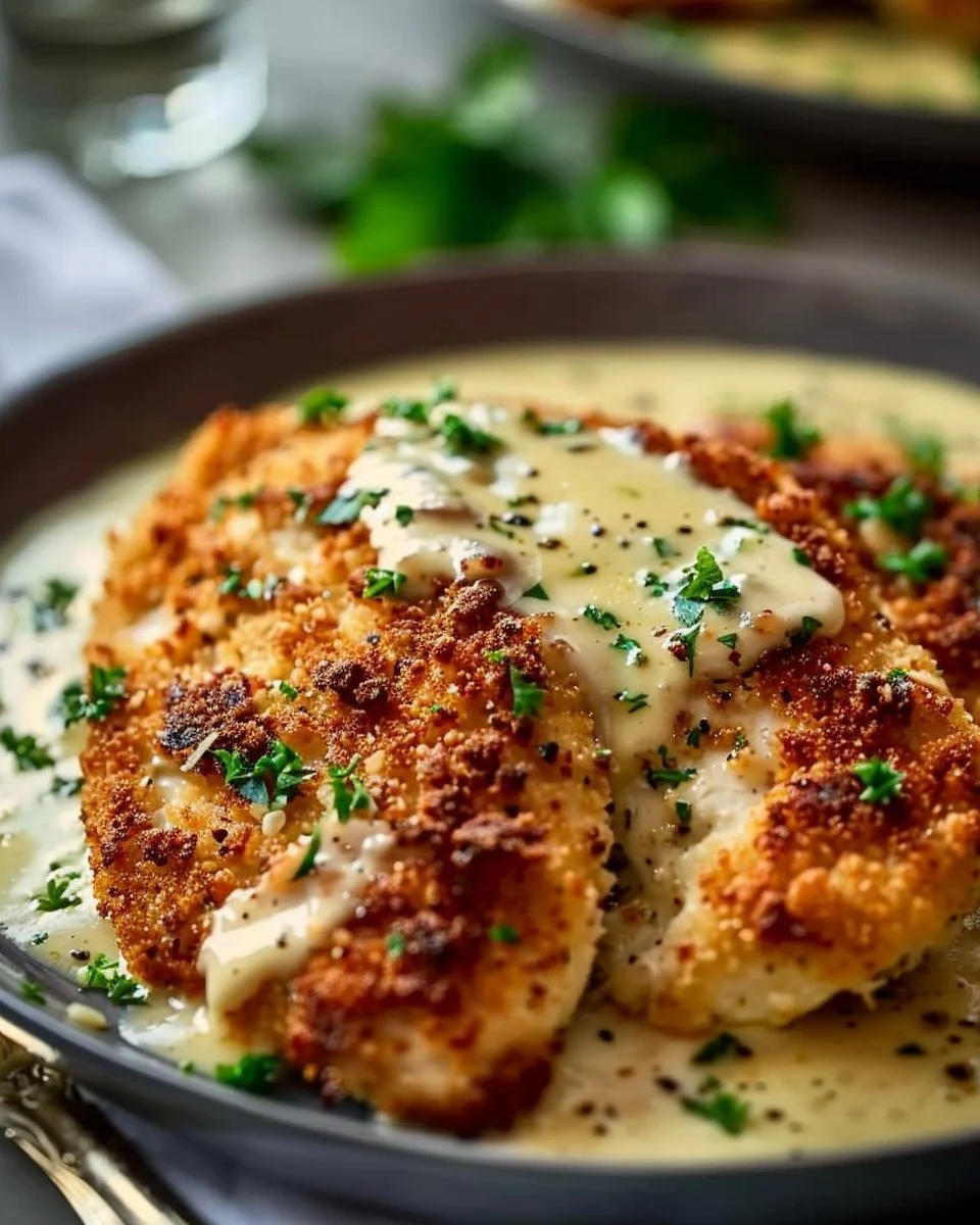 Parmesan Crusted Chicken with Creamy Garlic Sauce served on a plate