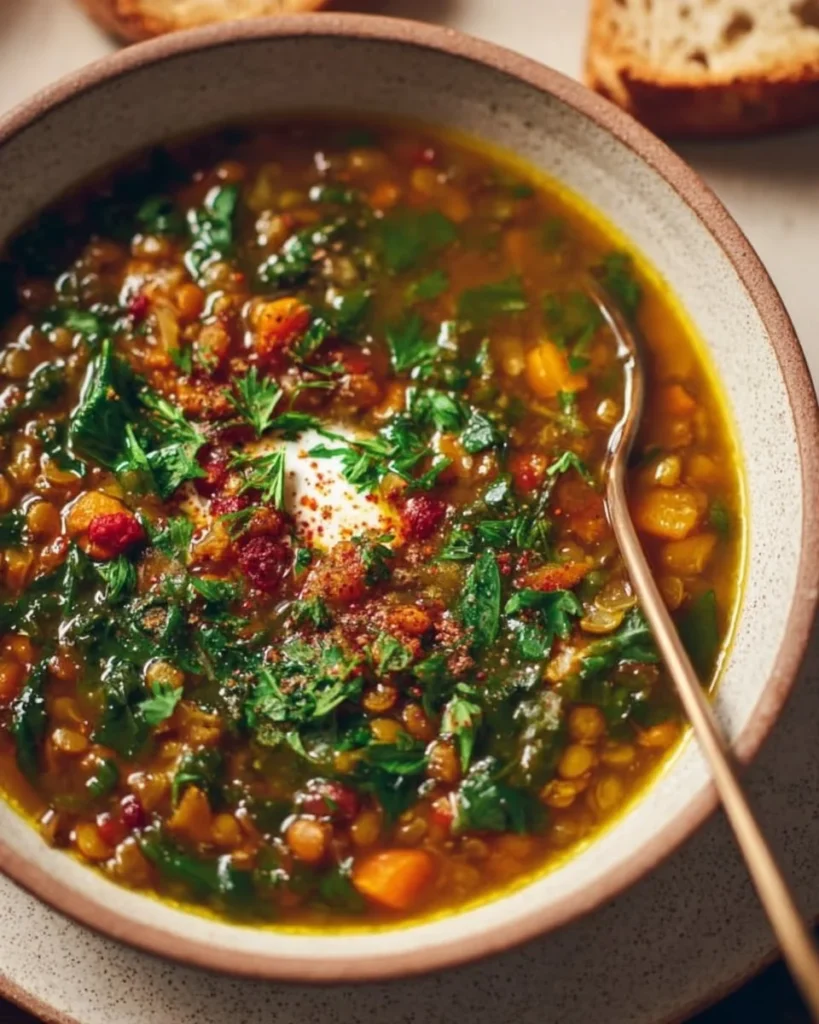 Bowl of traditional Persian bean and lentil soup garnished with herbs.