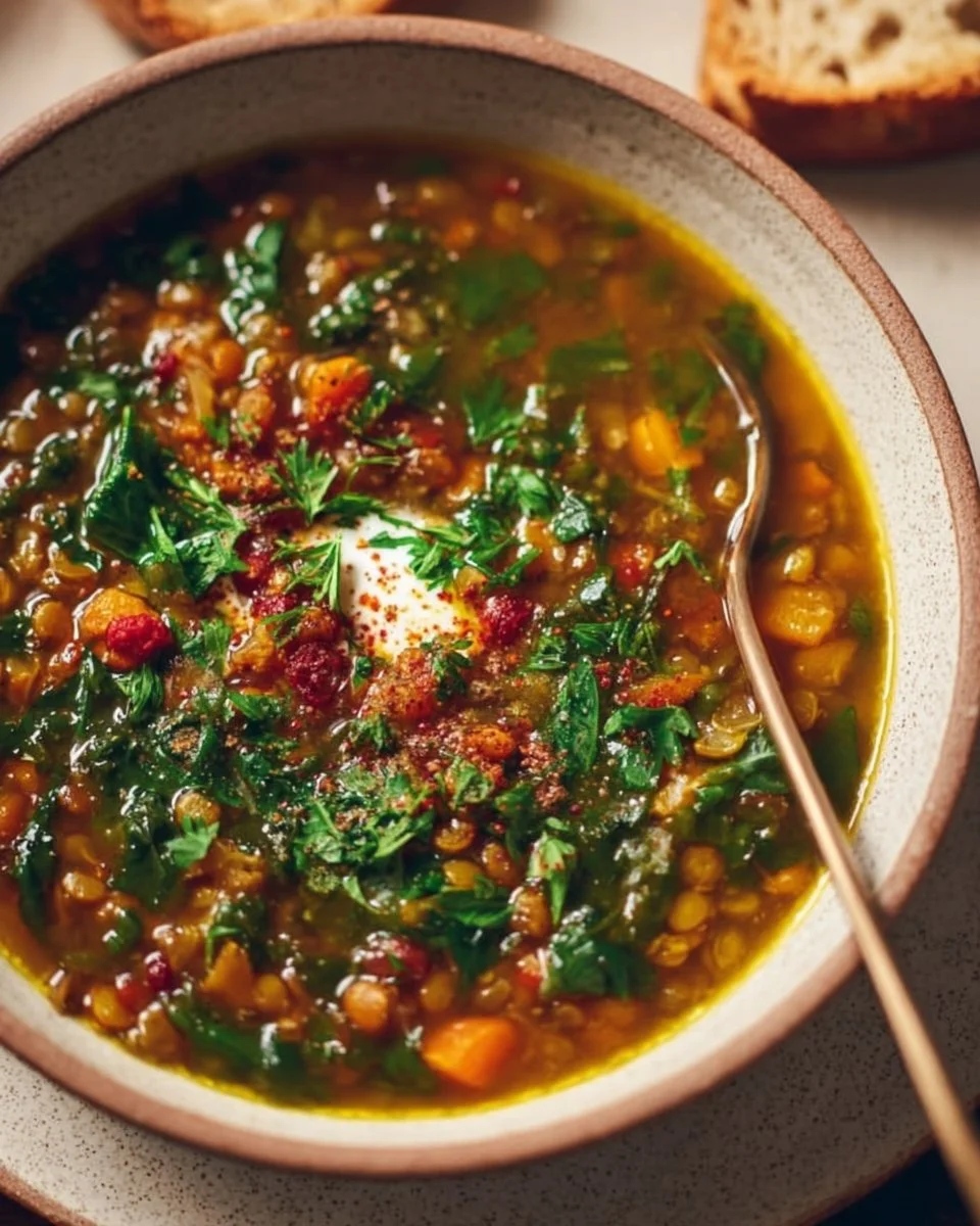 Bowl of traditional Persian bean and lentil soup garnished with herbs.