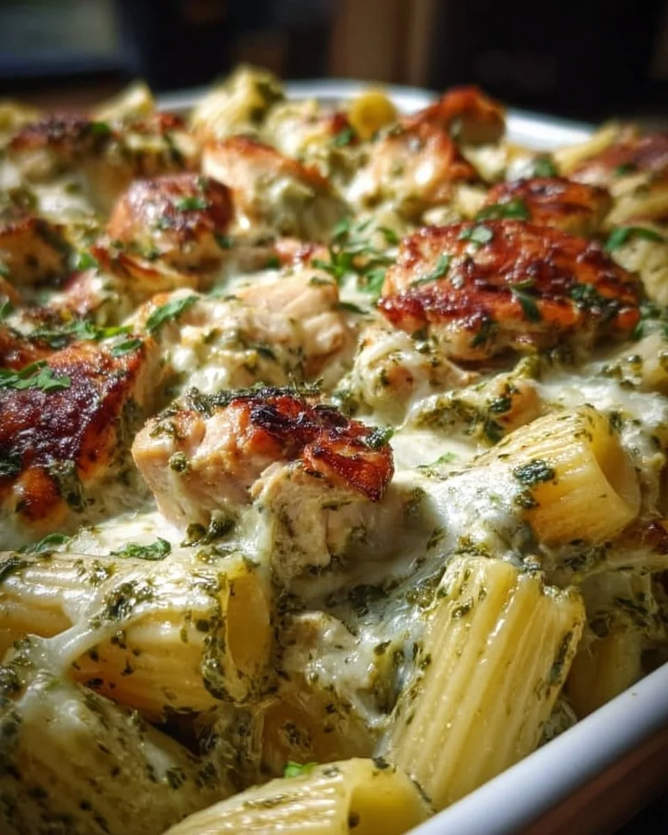 Delicious Pesto Chicken Pasta Bake topped with melted cheese and fresh basil