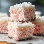 Pink coconut snowball cake bars decorated with shredded coconut