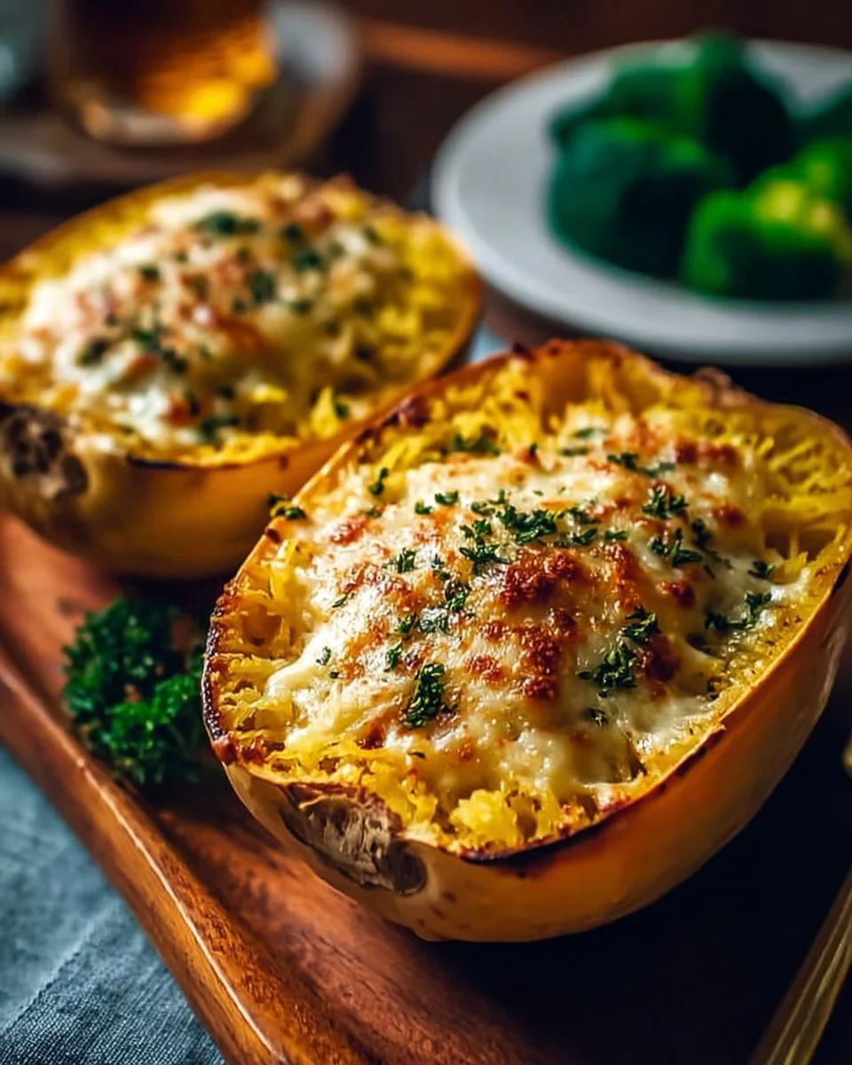Roasted Spaghetti Squash With Alfredo Sauce and Cheese 1 Roasted spaghetti squash topped with creamy Alfredo sauce and melted cheese