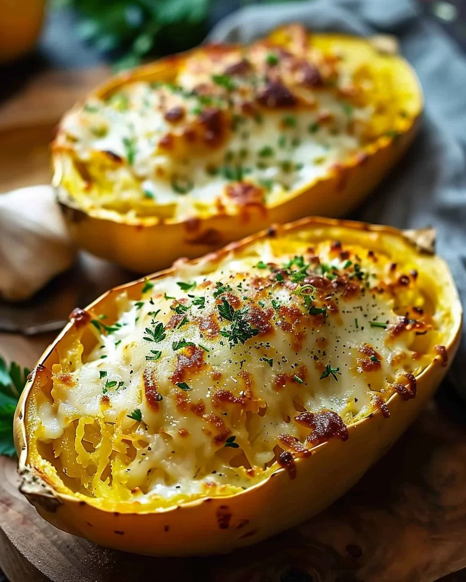 Roasted Spaghetti Squash With Alfredo Sauce and Cheese 2 Roasted Spaghetti Squash With Alfredo Sauce and Cheese
