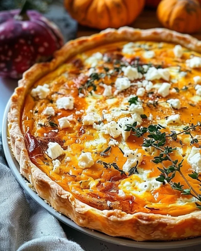 Savory pumpkin quiche with feta and thyme, a delicious fall recipe.