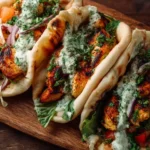 Delicious sheet pan chicken pitas served on a plate with fresh veggies