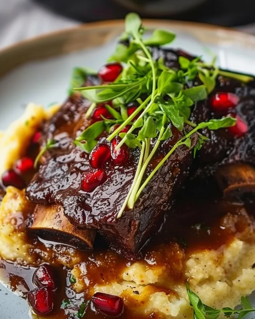 Delicious short ribs with pomegranate demi-glace and creamy polenta on a plate